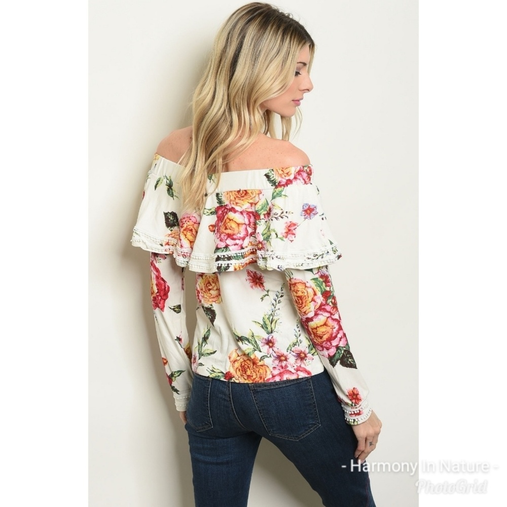Very Soft Off Shoulder Ivory Floral Blouse - Picture 5 of 8